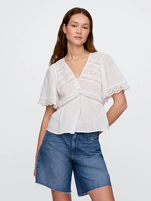 Lace-Trim Flutter-Sleeve Top