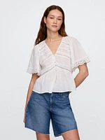 Lace-Trim Flutter-Sleeve Top