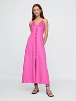 Linen-Blend Embroidered Halter Maxi Dress