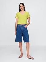 Linen-Blend Cropped V-Neck T-Shirt