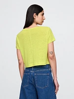 Linen-Blend Cropped V-Neck T-Shirt