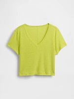 Linen-Blend Cropped V-Neck T-Shirt
