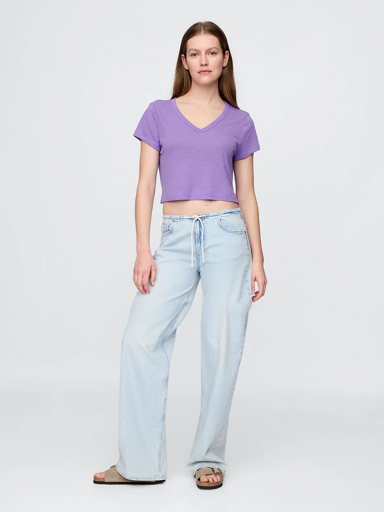 Linen-Blend V-Neck Crop T-Shirt