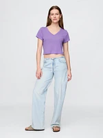 Linen-Blend Cropped V-Neck T-Shirt