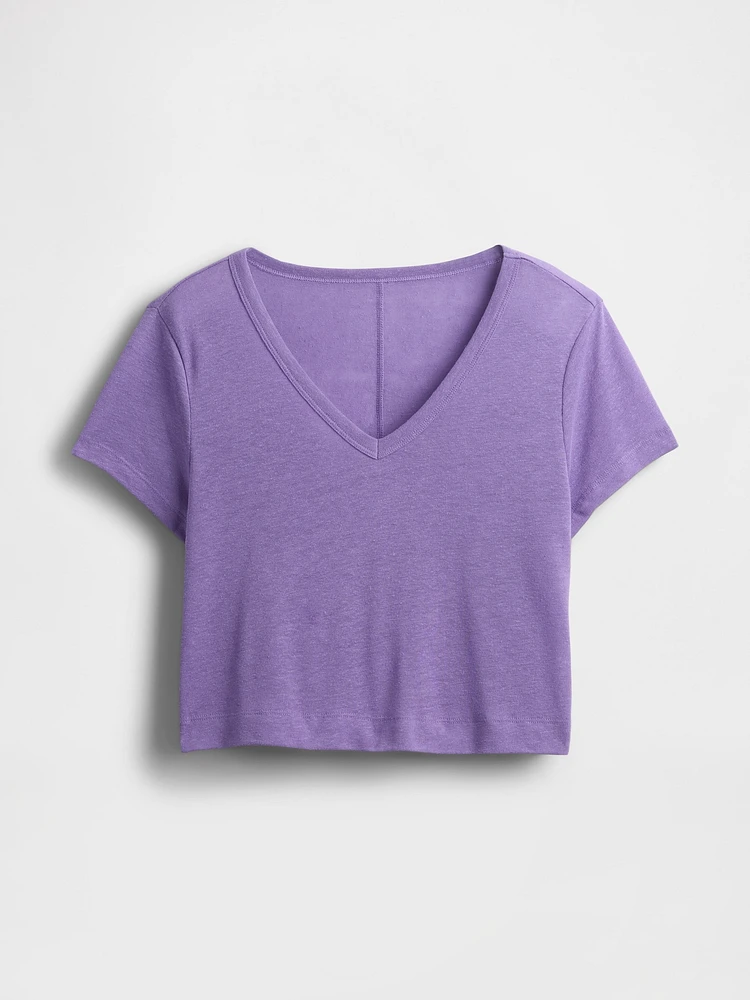 Linen-Blend V-Neck Crop T-Shirt