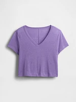 Linen-Blend Cropped V-Neck T-Shirt
