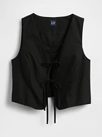 Linen-Blend Cropped Tie-Front Vest