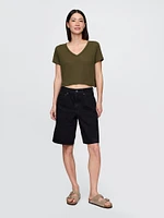Linen-Blend Cropped V-Neck T-Shirt