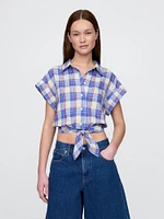 Linen-Blend Cropped Tie-Front Shirt