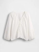 Cotton Gauze Embroidered V-Neck Top