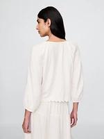 Cotton Gauze Embroidered V-Neck Top