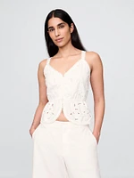 Linen-Blend Eyelet Peplum Top