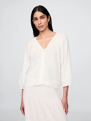 Cotton Gauze Embroidered V-Neck Top