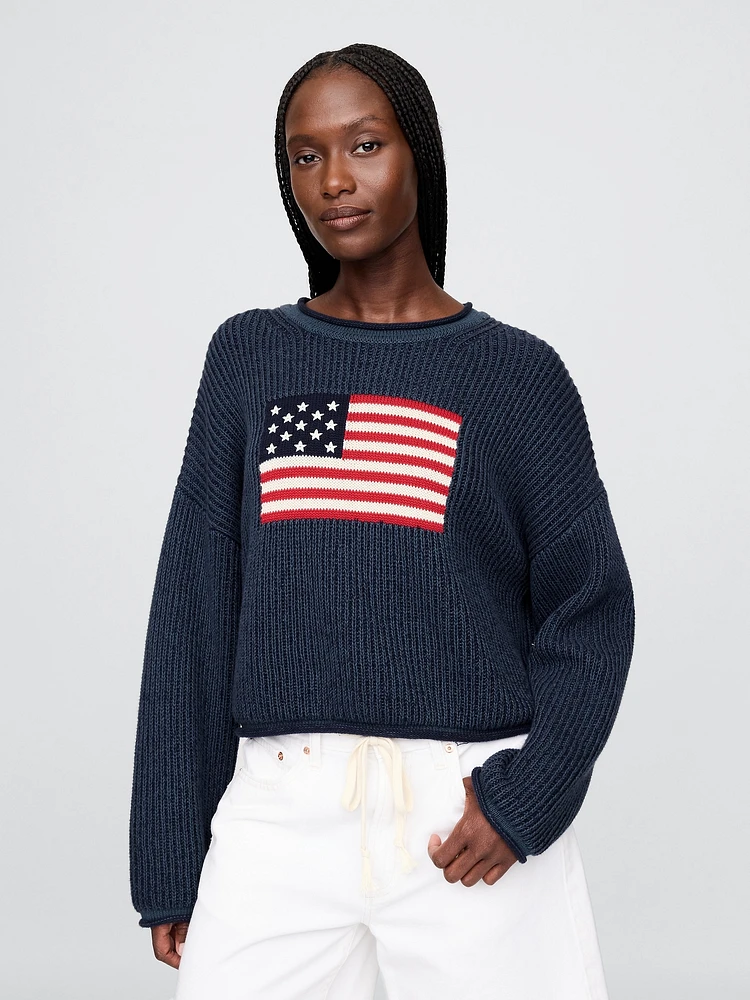 100% Cotton Cropped Oversized Americana Rib Sweater