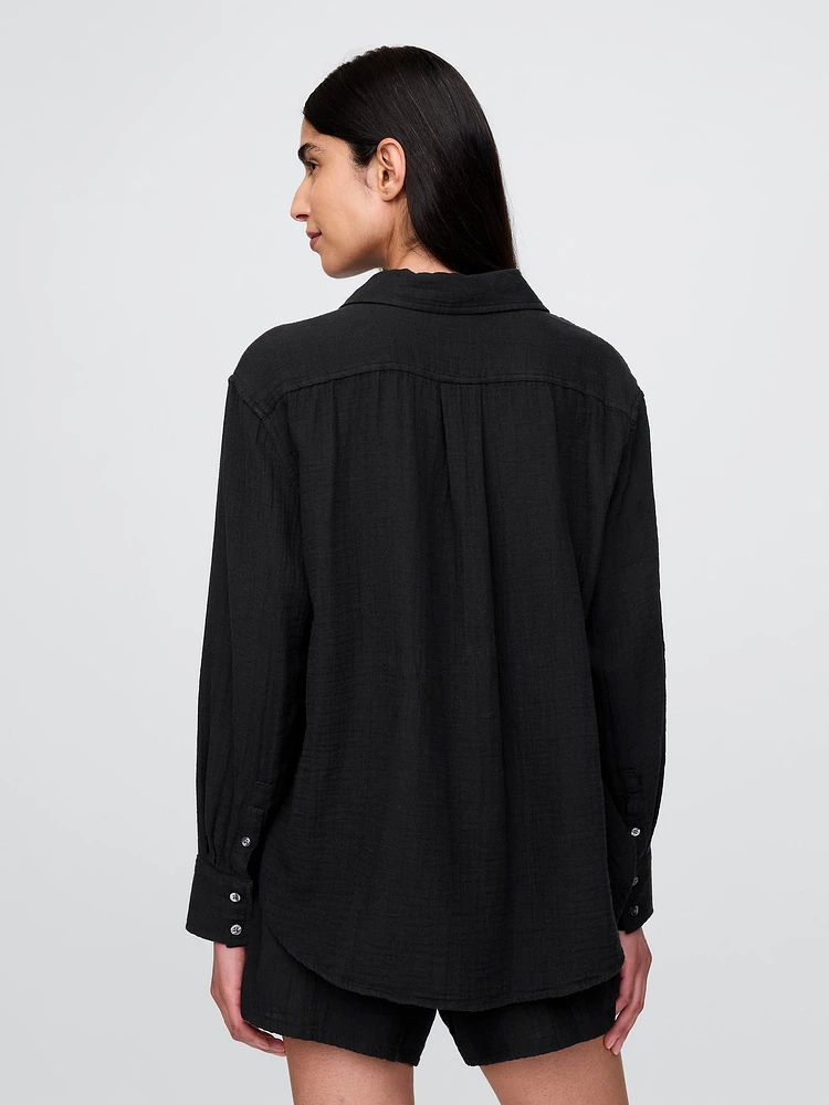 Crinkle Gauze Button-Down Shirt