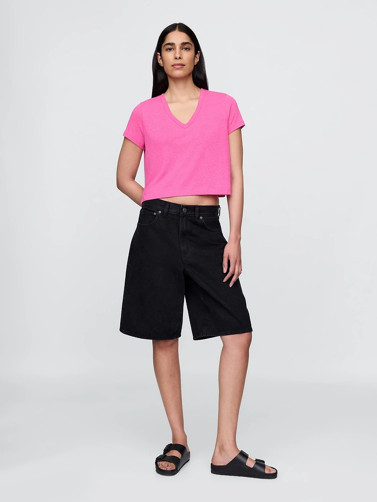 Linen-Blend V-Neck Crop T-Shirt