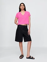 Linen-Blend Cropped V-Neck T-Shirt