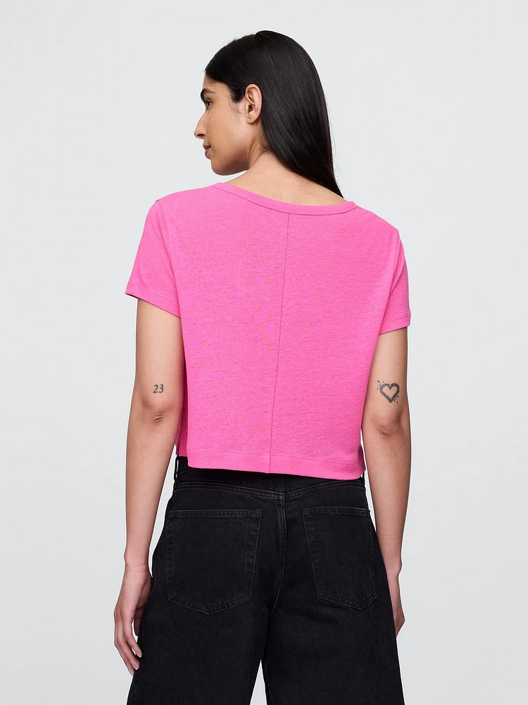 Linen-Blend V-Neck Crop T-Shirt