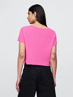 Linen-Blend Cropped V-Neck T-Shirt