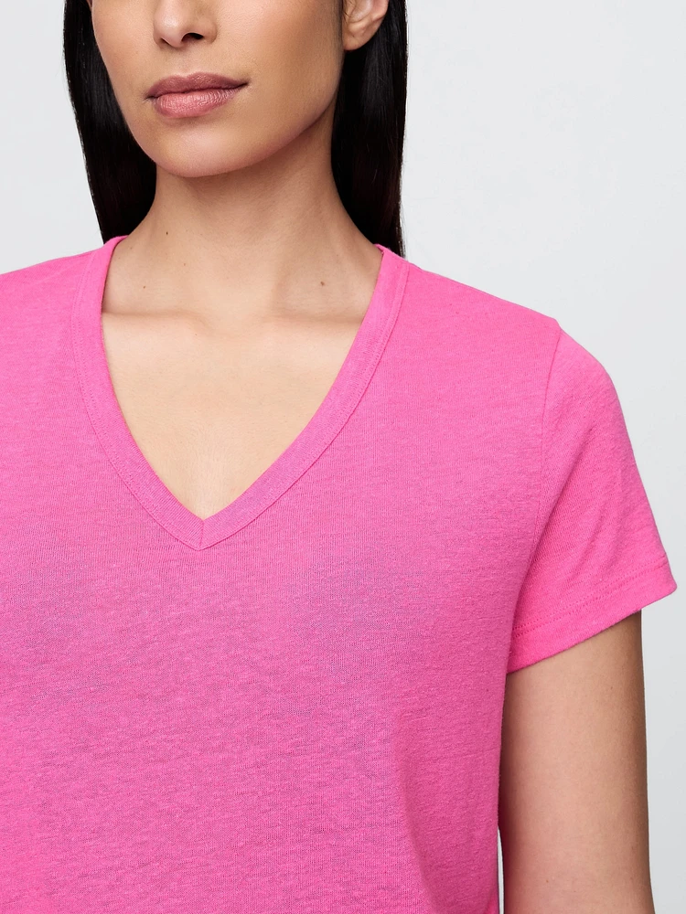 Linen-Blend V-Neck Crop T-Shirt