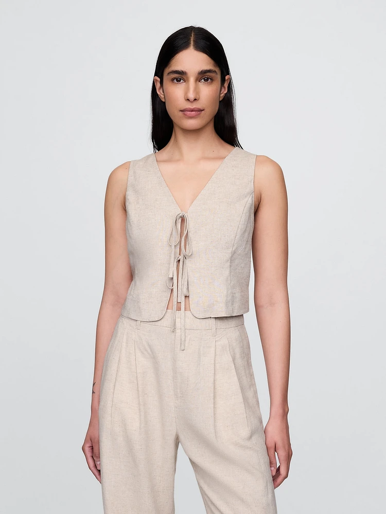 Linen-Blend Cropped Tie-Front Vest