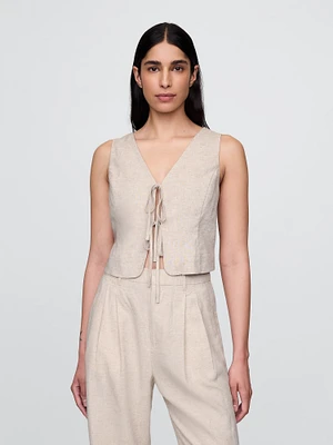 Linen-Blend Cropped Tie-Front Vest