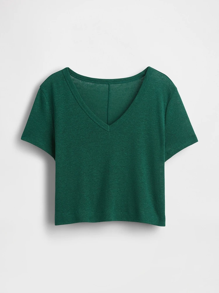 Linen-Blend V-Neck Crop T-Shirt