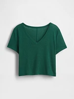 Linen-Blend Cropped V-Neck T-Shirt