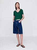 Linen-Blend Cropped V-Neck T-Shirt