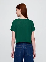 Linen-Blend Cropped V-Neck T-Shirt