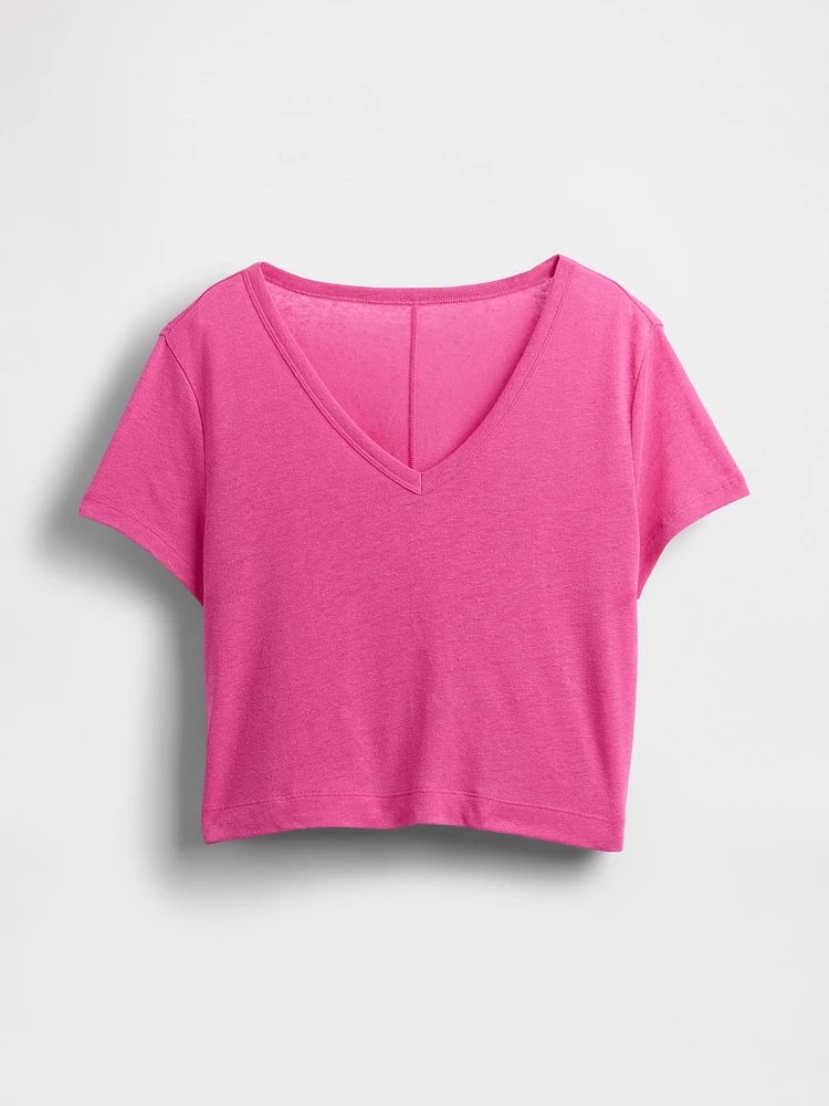 Linen-Blend V-Neck Crop T-Shirt