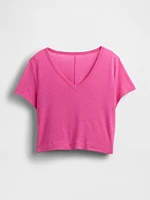 Linen-Blend Cropped V-Neck T-Shirt