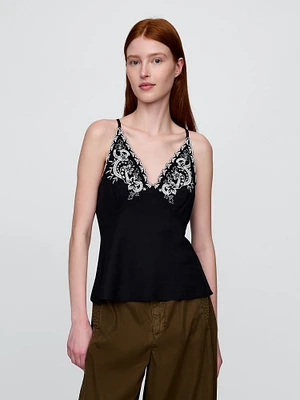 Linen-Blend Embroidered Halter Top