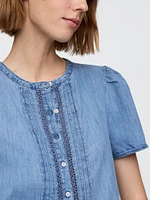 Lace-Trim Cropped Denim Top