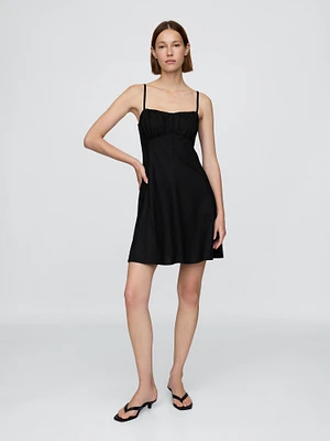Linen-Blend Shirred Bodice Mini Dress