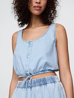 Denim Cinched-Hem Cropped Top