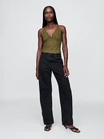 Linen-Blend Embroidered Halter Top