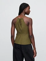 Linen-Blend Embroidered Halter Top