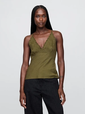 Linen-Blend Embroidered Halter Top