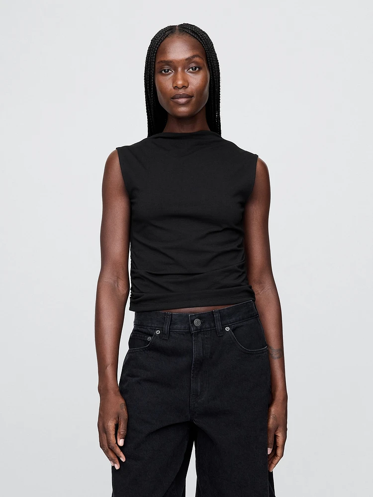 Modern Funnel-Neck Ruched Cropped Tank Top