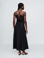 Linen-Blend Shirred Bodice Maxi Dress