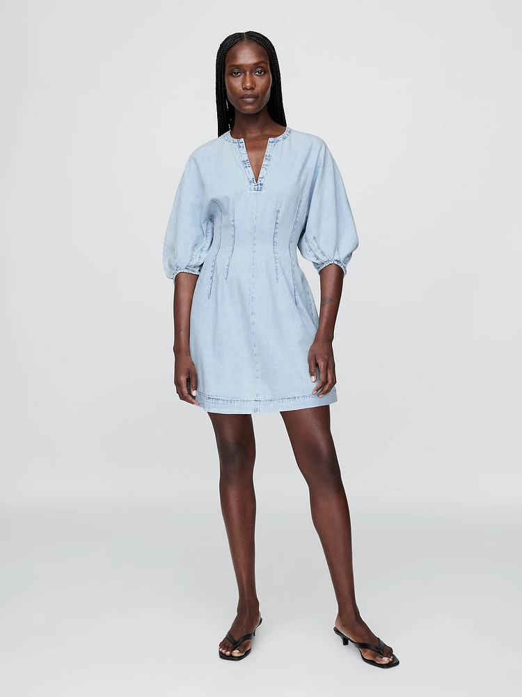 Denim Split-Neck Mini Dress