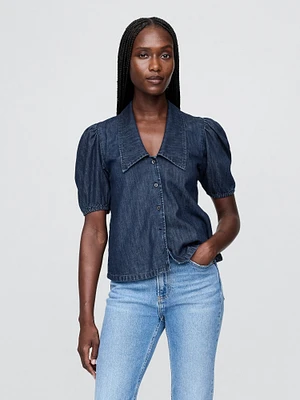 Denim Puff-Sleeve Collared Shirt