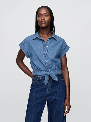 UltraSoft Denim Cropped Tie-Front Shirt