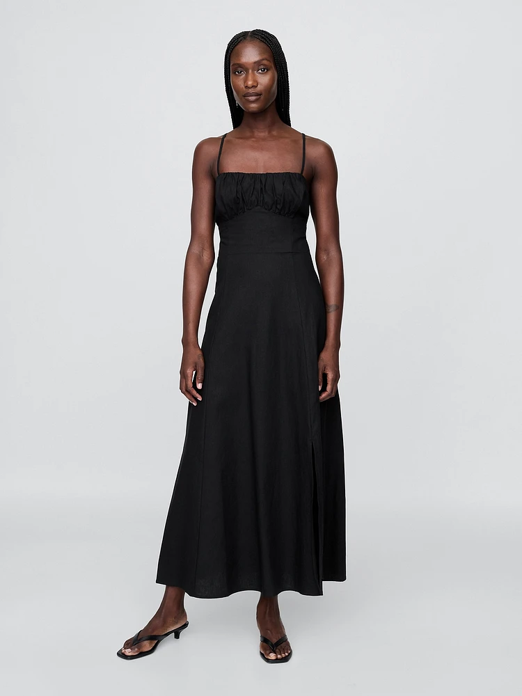 Linen-Blend Shirred Bodice Maxi Dress