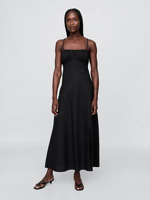 Linen-Blend Shirred Bodice Maxi Dress