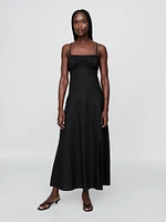 Linen-Blend Shirred Bodice Maxi Dress