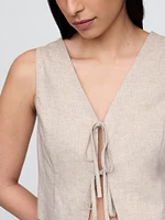 Linen-Blend Cropped Tie-Front Vest