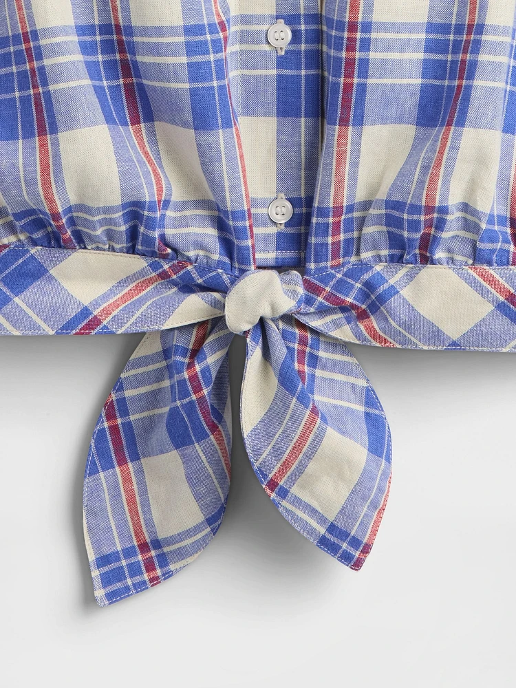 Linen-Blend Tie-Front Crop Shirt