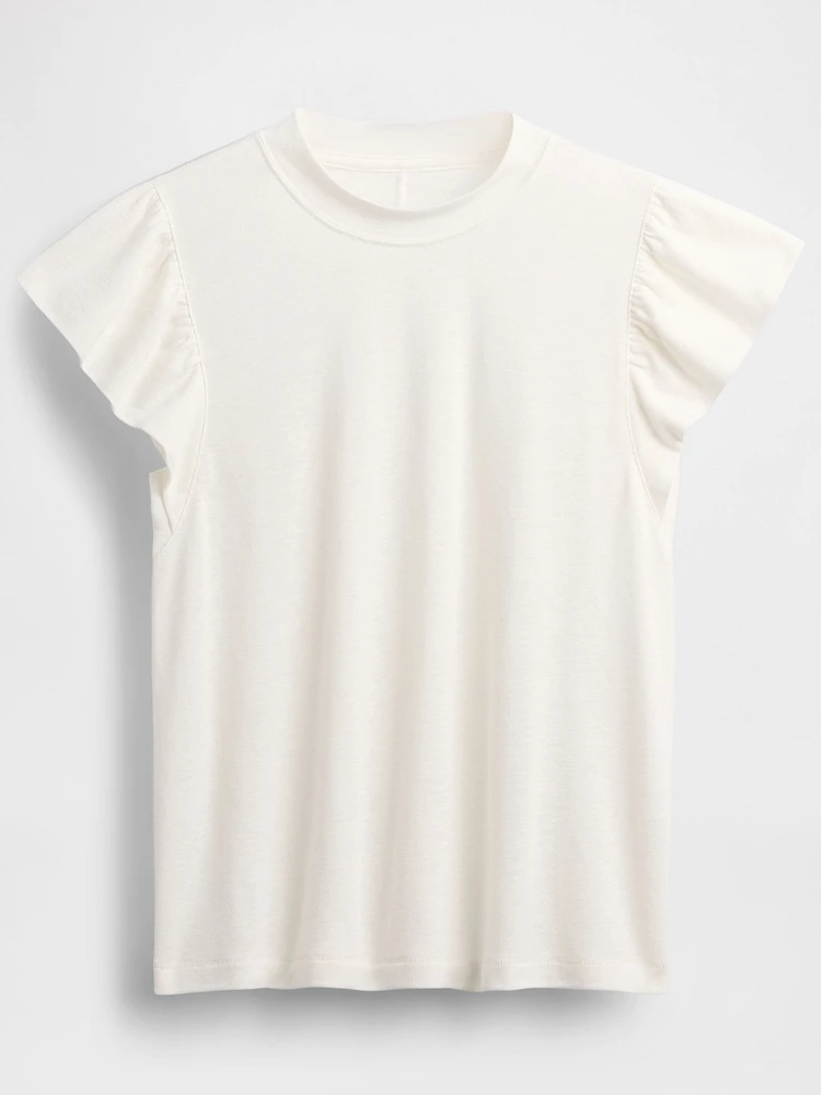Linen-Blend Flutter-Sleeve T-Shirt